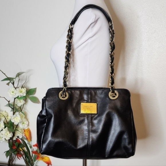Nicole Miller Chain Tote Shoulder Bag PU Leather Purse Black Gold Vegan - Picture 13 of 14